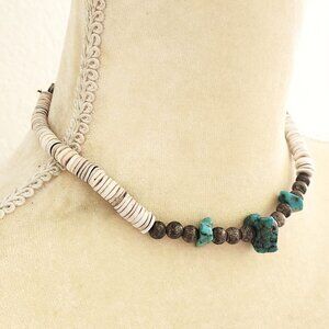 Vintage Native American Turquoise Nugget Heishi Shell Silver Choker Necklace